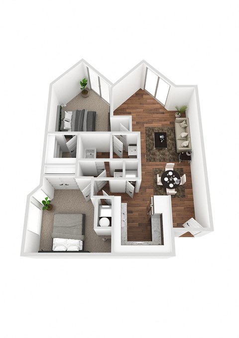bedroom floor plan an in 3d at Shoreline Village, Richland, WA